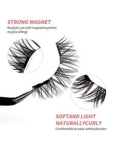 3 Pairs Magnetic False Eyelashes Kit With Mirror & Applicator Glue-Free Eyelashes Natural Manga Eyelashes Cat Eye Fluffy Faux Mink Eye Lashes With Tweezers Makeup Tool For Beauty Travel - 黑色 - 查看 9