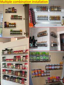 Black/Silver Metal Spice Rack, No Drill Mark Wall Mount Or Screw Installation, Space Saving Spice Jar Holder, For Cabinet Door/Wall Storage Of Herbs And Spices, Sturdy And Durable, Holds 6-8 Spice Jars, Up To 10kg Load, Great For Kitchen, Bathroom, Christmas, Easter