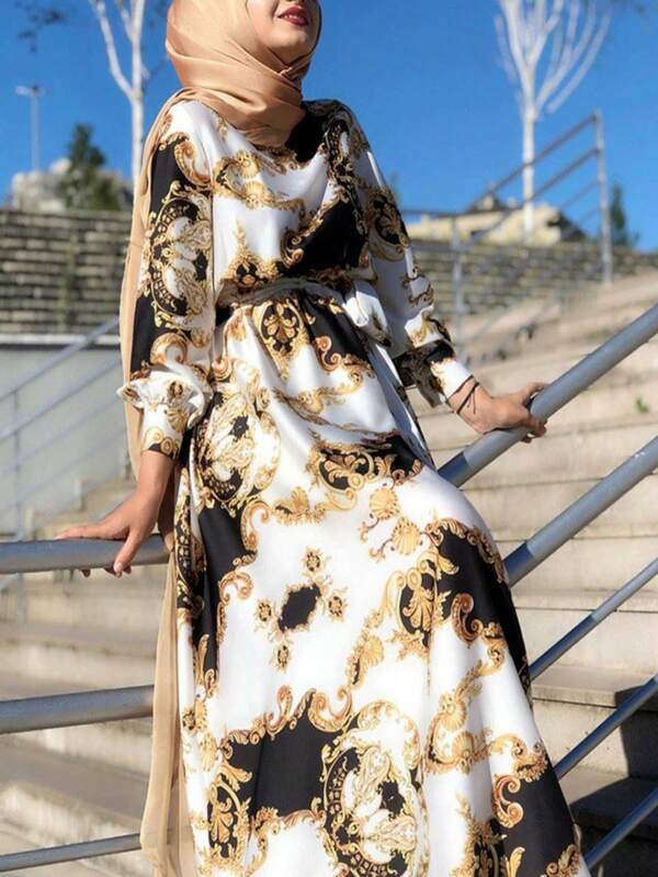 Damen bodenlange Kleid mit Gürtel, Allover-Muster, elegante Langarm, im arabischen Stil