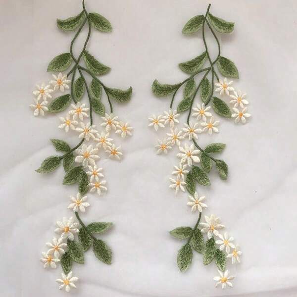 1 Pair Green Daisy Lace Flower Appliques, 13*34 Cm, Wedding Dress Embellishment Supplies