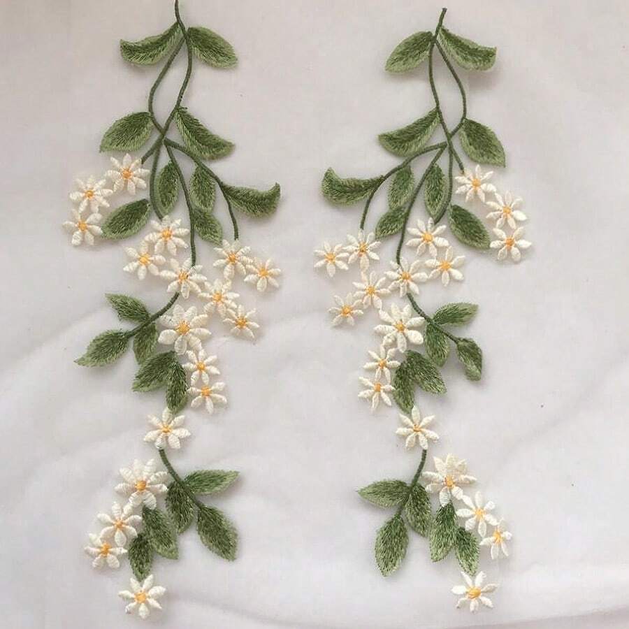 1 对绿色雏菊蕾丝花贴花，13*34 厘米，婚纱装饰用品 - 綠色 - 查看 1