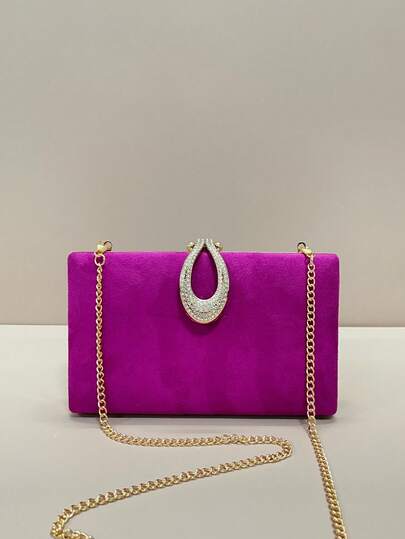 Luxury Evening Clutch Bag, Elegant & Sophisticated Formal Party Handbag With Rhinestone Lock Design, Velvet Fabric, Chain Strap, Suitable For Parties, Weddings And Formal Occasions