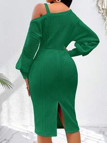 AIJ Amarilo Elegant Commuter Solid Color Asymmetric Collar Lantern Sleeve Fitted Dress - Pastel Green - View 6