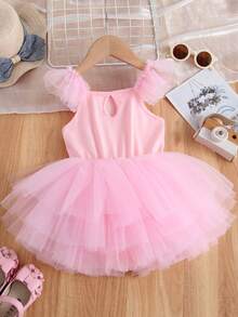 1pc Girls Lovely Elegant Princess Sweet School Ballet Tulle Flounce Strappy Tutu Dress, Costume For Party, Birthday, Beach Holiday, Dance Performance, All Season - Pink - View 3