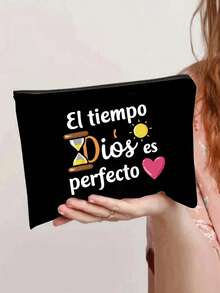 印花帆布手提袋，配黑色收纳袋，印有“El-Tiempo Dios Es Perfecto”字样、彩色太阳和爱心图案，便携休闲收纳手提包，简约旅行收纳袋，大容量旅行化妆包，旅行包 - 黑色 - 查看 7