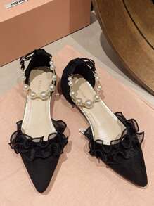 Woman's Fashionable Delicate Fairy Aesthetic Chunky Heel Pumps, New Spring/Summer Pearl Decor High Heel Shoes, French Mid-Hollow Pointed Toe Heels
