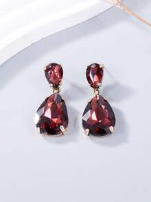 juran 1 对女士优雅玻璃水钻简约经典吊坠耳环，适合约会、婚礼、珠宝配饰 - 酒紅色 - 查看 2