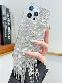 1 pieza Lujoso y glamoroso estuche de teléfono con diamantes y borlas, compatible con iPhone 16, 15, 14, 13, 12, 11 Pro Max Plus, transparente y suave para la piel