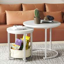 Coffee Table For Living Room, Nest Of Tables Set Of 2 With Storage, Small Round Table 60X60X50.5CM, Wooden Side Table With Sturdy Metal Frame, Easy Assembly