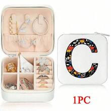 صندوق مجوهرات من الجلد الصناعي مزخرف بزهور مع 26 حرفًا، مناسب كهدية، مزود بأجزاء قابلة للإزالة وحجم محمول