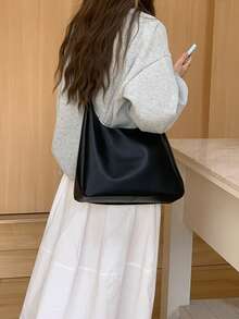 简约大容量女士手提包，2025新款时尚百搭休闲单肩包，适合学生通勤，手提包 - 黑色 - 查看 3