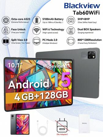 Blackview 10.1 英寸平板电脑 Android 15 Tab 60 WiFi A523 8 核 1.8Ghz/4GB RAM/128GBROM/WIFI6/BT 5.3/10.1 英寸 1280*800 高清显示屏/5100mah/Type-C/5mp+8mp 摄像头