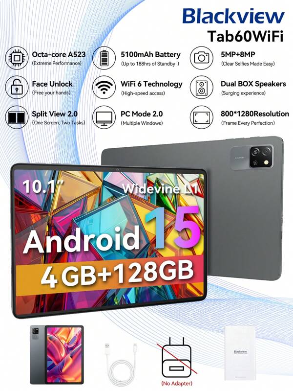 Blackview 2025 Tablet Android 15 Tab 60 WiFi A523 8-Core 1.8Ghz/4GB RAM/128GBROM/WIFI6/BT 5.3/10.1 Inch 1280*800 HD Display/5100mah/Type-C/5mp+8mp Camera(No Adapter)Summer Tech Boost