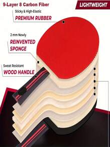 HUIESON Professional Table Tennis Racket - Universal Carbon Fiber & Wood Table Tennis Racket With High Elasticity 2mm Sponge, 9 Ply 8 Carbon Training Competition Level, Ergonomic Handle, Includes Protective Case - 1 Piece, Red & Black