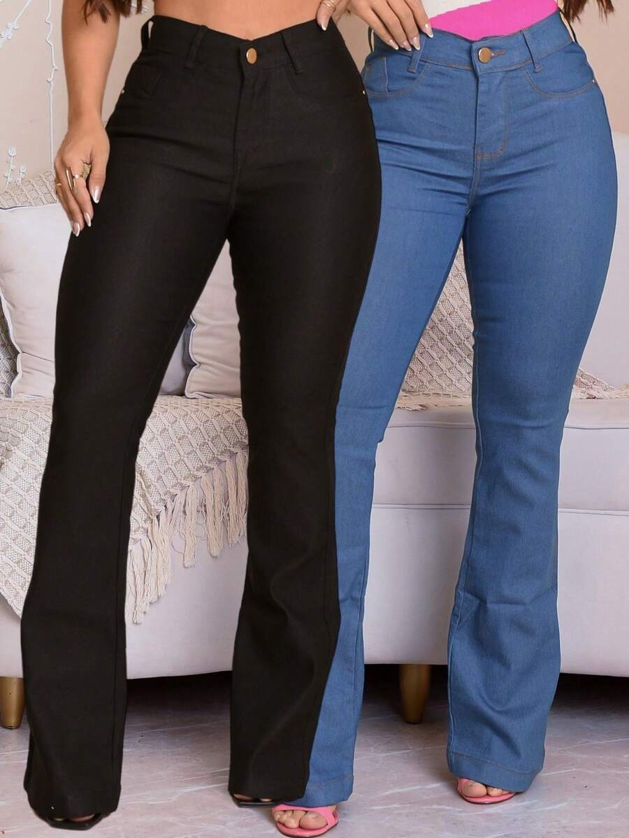 Kit 2 Women's Flare Jeans Boot Cut High Waist Bell Bottom With Lycra - Light Blue / Black - View 1