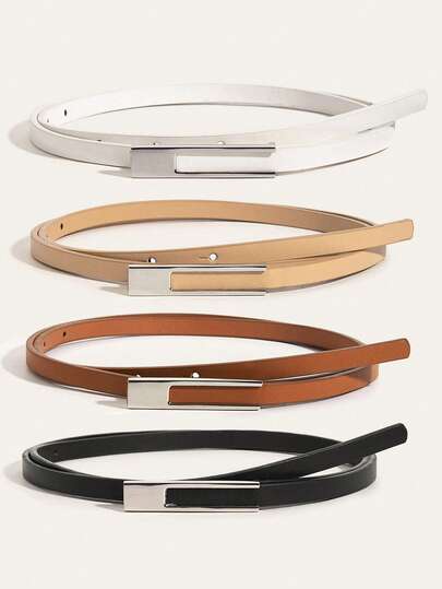 4pcs Women Square Metal Buckle Multicolor Pu Leather Belt Thin Belt Casual Style Dresses Belt Belt Daily Life Normal & Plus Size Summer, School Fall, Autumn, Halloween