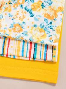 3pcs/Set Baby Girls' Floral Striped Print Sleeveless Top + Floral Striped Print Shorts Set - Yellow - View 7
