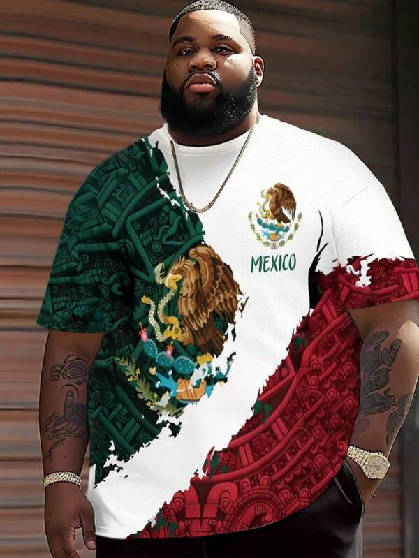 Camiseta de manga corta con estampado para hombres talla grande, que combina elementos tradicionales con un diseño inspirado en lo mexicano, holgada y cómoda