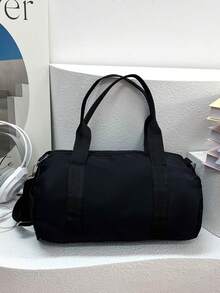 Bolsa de lona con decoración de letras, de gran capacidad, para viajes cortos, bolsa de gimnasio, bolsa de yoga, mochila escolar, bolsa deportiva unisex para deportes, acondicionamiento físico, ejercicio, viajes, vacaciones, para mujeres y hombres, artículo de viaje duradero - Negro - Ver 8