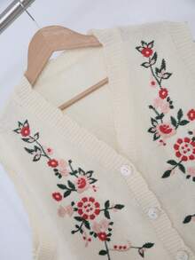 大码优雅刺绣针织背心开衫 - 米色 - 查看 4