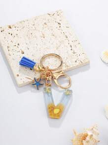 1pc A-Z English Letter Keychain, Resin Drop Glue Oceanic Elements Letter Pendant Keychain For Girls, Summer Starfish, Seashell Decor Random Color Children Bag Accessories