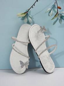 新款夏秋季女士平底凉鞋，套脚式，镶钻蝴蝶设计，时尚人字拖，适合沙滩穿着，人字拖款式 - 白色 - 查看 7