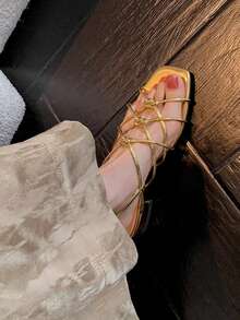 Dép xỏ ngón thiết kế hở mũi kiểu Pháp thủ công mới, màu vàng cho nữ mặc ngoài trời mùa hè - Vàng - Xem 3