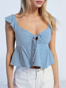 Summer 100% Cotton Solid Drawstring Hem Ruffle Trim Blouse With Sweetheart Neckline Y2K, Suitable For Music Festival Concert Party, Hot Girl Spring/Summer Young Girl Daily Wear, Rave - Baby Blue - View 10