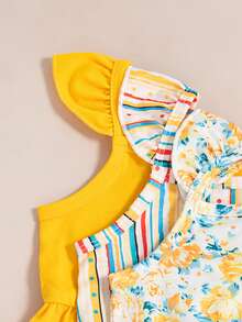 3pcs/Set Baby Girls' Floral Striped Print Sleeveless Top + Floral Striped Print Shorts Set - Yellow - View 10