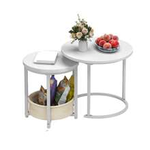 Coffee Table For Living Room, Nest Of Tables Set Of 2 With Storage, Small Round Table 60X60X50.5CM, Wooden Side Table With Sturdy Metal Frame, Easy Assembly