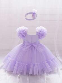 1件女婴荷叶边薄纱蝴蝶结可爱一周岁生日派对连衣裙，适合花童婚礼庆典，附赠发带 - 淡紫色 - 查看 2