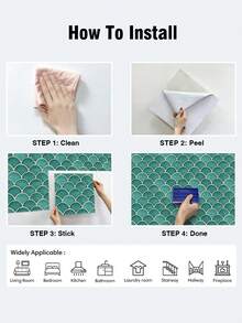 SUPSTICKER 1/12/36 件复古鱼鳞图案 2D 仿瓷砖效果光泽装饰贴纸，升级加厚防水、防油、即撕即贴墙纸，乙烯基贴花，适用于家庭装饰，为您的春季家居装饰增添清新气息壁纸墙贴房间装饰墙贴厨房配件厨房厨房用品厨房装饰 - 彩色 - 查看 9