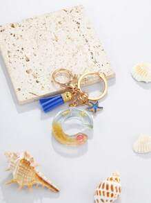 1pc A-Z English Letter Keychain, Resin Drop Glue Oceanic Elements Letter Pendant Keychain For Girls, Summer Starfish, Seashell Decor Random Color Children Bag Accessories