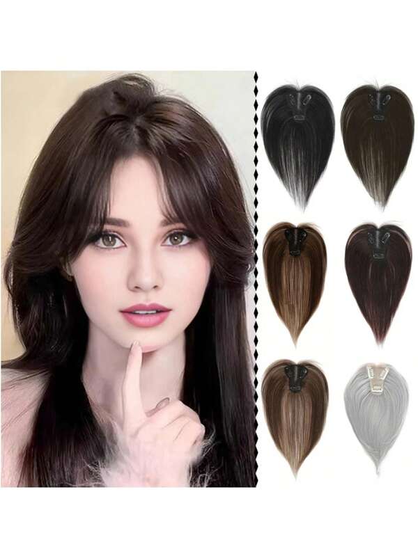 Hair Topper Synthetic Wigs For Women 10 Inch 3 Card Small T Eight Character Bangs Replacement Hairpiece Hair Extensions New Topper Big Base Cover Thinning Hair Clip In Hair Toppers Suitable For Daily Wear