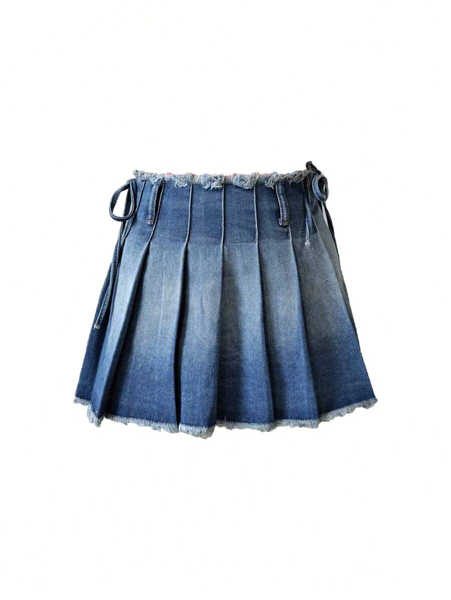 Minifalda de mezclilla plisada con efecto desgastado y degradado sexy, para verano - Azul lavado medio - Ver 1