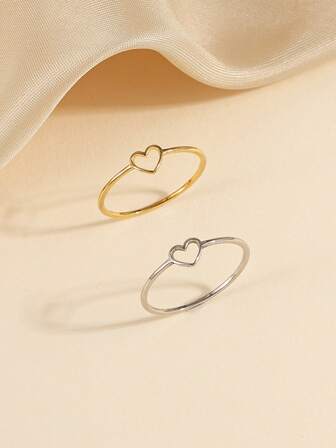 1 件、2 件不锈钢时尚简约女士空心爱心戒指适合女性日常装饰或礼物