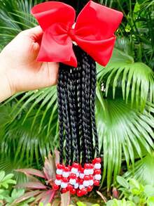 SprBuds 1pc Kids Braided Ponytail Hair Extension, Girls Ponytail With Beads Braids Hair Extension Detachable Synthetic Hairpieces With Bows Protective Easy Hairstyle For Girl Children Gift (Box-9inch) - Natural Black - View 22