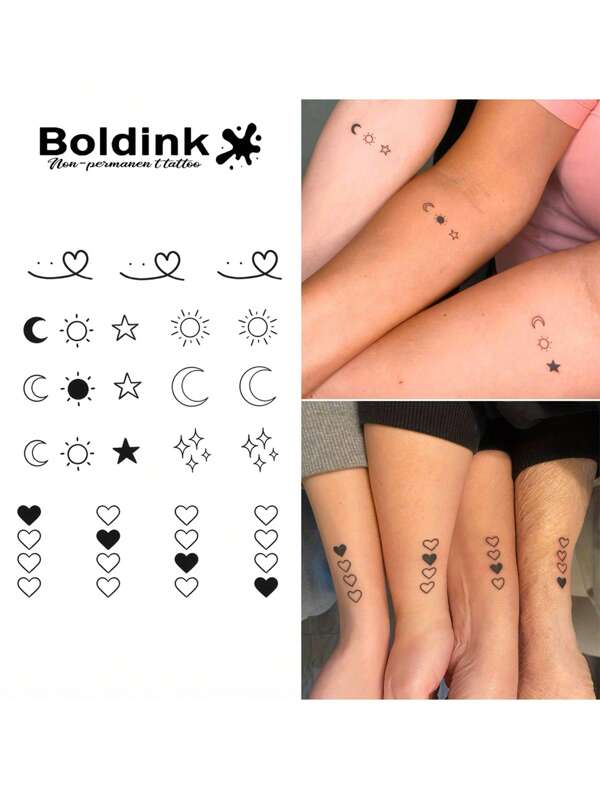 Boldink Boldink nicht-permanente Tattoo Technologie - Herz, Mond, Sonne, Stern neue Tattoo Designs, Tattoo Aufkleber haltbar für 1-2 Wochen, detaillierte Tattoo Designs ohne Glanz, hervorragende Wahl für temporäre Tattoos, Frauen temporäre Tattoo Aufkleber