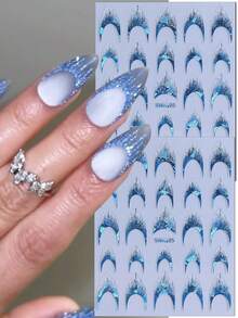 2片蓝色法式美甲流苏贴纸，3D全息法式美甲贴花，自粘指甲贴纸，适用于亚克力指甲，DIY美甲装饰用品