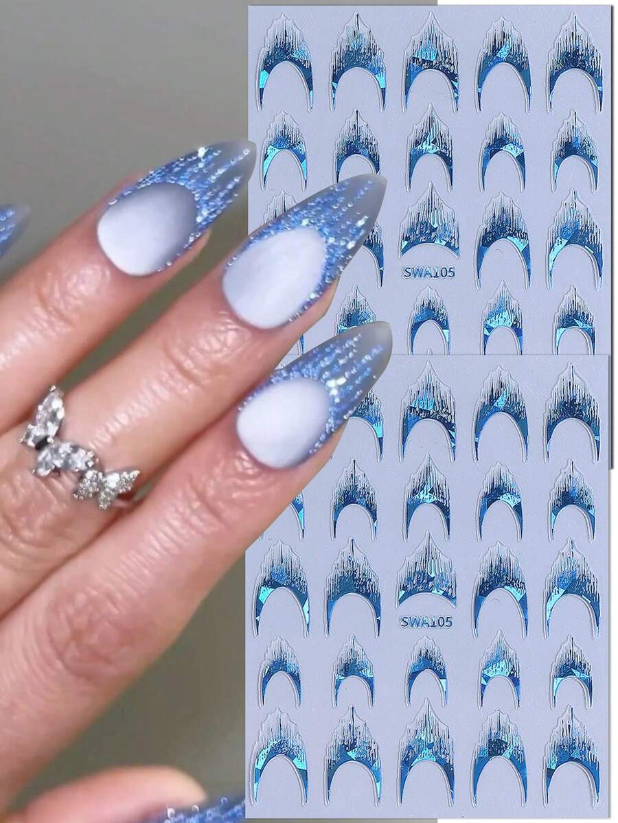 2片蓝色法式美甲流苏贴纸，3D全息法式美甲贴花，自粘指甲贴纸，适用于亚克力指甲，DIY美甲装饰用品