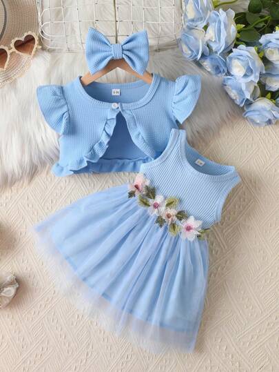 Baby Girls' Floral Dress & Vest Jacket 2pcs Set