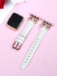 Apple Watch Band + Case Combo Set, Rose Gold Butterfly Rhinestone Leather Band + Shiny Rhinestone Hollow PC Case, Compatible With Apple Watch 40/41/42 (S10)/44/45/49/46mm, Casual Band & Protective Case For Apple Watch Series 10/Ultra Se/9/8/7/6/5/4, Soft & Comfortable Leather With Butterfly Decor, Fashionable Women Watch Strap