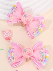 2pcs/Set Girls' Pink Satin Hair Clips - Pink Lollipop Pendant And Rainbow Stripes, Cute Hair Clips Suitable For Girls, Teens, Birthdays, Summer Party Accessories, Teen Hair Accessories, Also Suitable For Daily Wear - Multicolor - View 2
