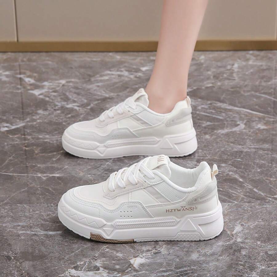 Women's White Thick Sole Sneakers, Breathable Casual Slip-On Shoes, Versatile For Spring & Autumn 2025 - Beige - View 1