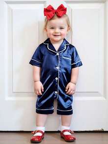 Infant Baby Girl Boy Silk Jumpsuit Pajamas Short Sleeve Button-Up Satin Pjs Footie Romper Pajama Nightgown - 藍色 - 查看 2