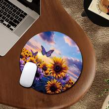 1pc Sunset Beach Butterfly Design Round Mouse Pad, With Anti-Slip Rubber Base Small Portable Travel Mouse Pad, Suitable For Work Wireless Computer Laptop, Office Desk Accessory