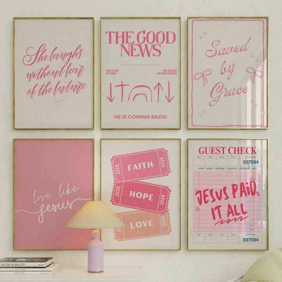 6 piezas de arte de pared cristiano, impresiones de la Biblia en lienzo, pinturas florales de aliento cristiano, decoración rosada de chica para dormitorio, sala de estar u oficina, decoración de dormitorio sin marco - Multicolor - Ver 1