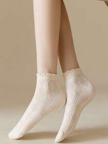 6 Pairs Women Solid Color Diamond Pattern Short Socks - Breathable & Comfortable With Lace Trim, Suitable For Spring/Summer, Cute Socks - Multicolor - View 7