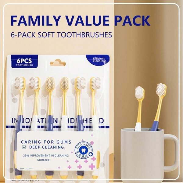 6 spazzolini da denti manuali per adulti con setole morbide e testina larga, impugnatura ergonomica, design antibatterico e antimuffa, per sbiancamento dei denti, cura per l'apparecchio dentale, miglioramento dell'alito cattivo, essenziale per una vita sana, adatto per la pulizia domestica quotidiana, viaggi e trasferte di lavoro convenienti, campeggio all'aperto, scorte per ufficio, articoli usa e getta per hotel, cura orale post-operatoria (bianco) decorazione bagno domestica, ritorno a scuola