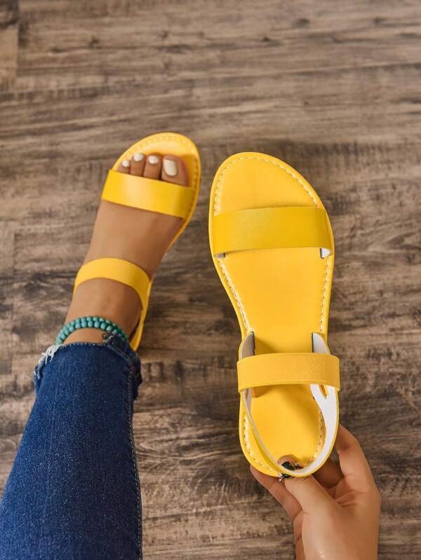 Women's Flat Sandals, Fashionable Solid Color, Loose And Comfortable, Simple Design, Casual Outdoor Lightweight Sandals, Versatile And Elegant With Elastic Strap
